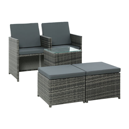 5PC Wicker Bistro Set Table and Chairs Ottoman - Grey