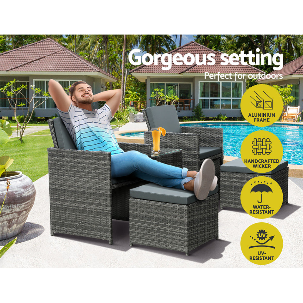 5PC Wicker Bistro Set Table and Chairs Ottoman - Grey