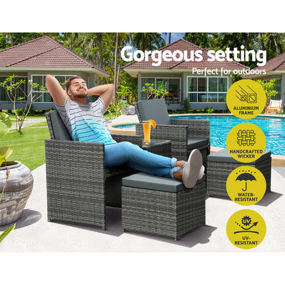 5PC Wicker Bistro Set Table and Chairs Ottoman - Grey