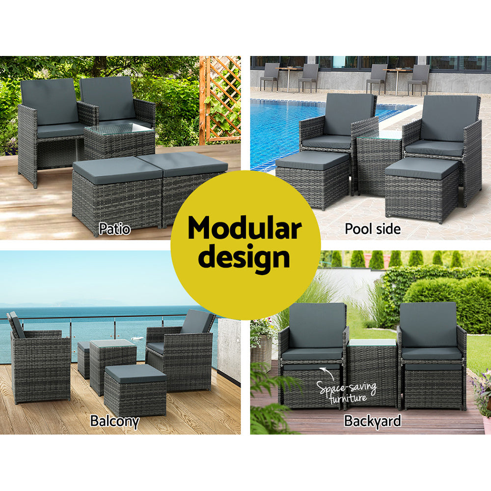 5PC Wicker Bistro Set Table and Chairs Ottoman - Grey