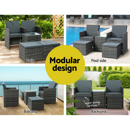 5PC Wicker Bistro Set Table and Chairs Ottoman - Grey