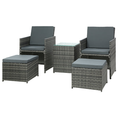 5PC Wicker Bistro Set Table and Chairs Ottoman - Grey