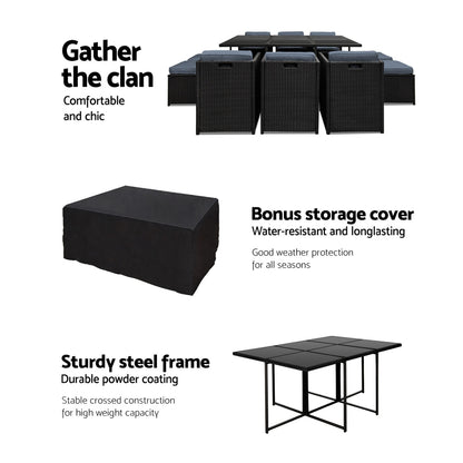 11 Piece Wicker Outdoor Dining Set - Black