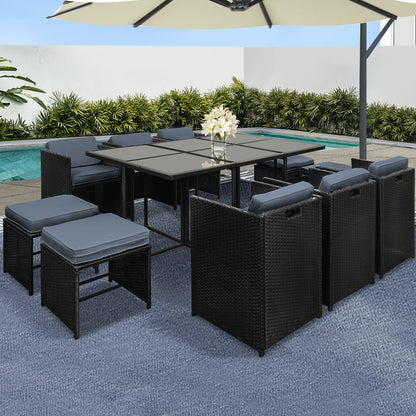 11 Piece Wicker Outdoor Dining Set - Black