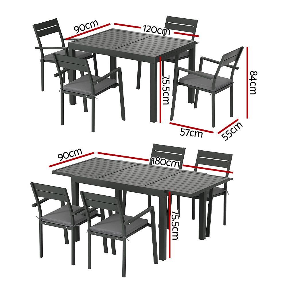 5 Piece Outdoor Dining Set Aluminum Extendable Table Setting - Black