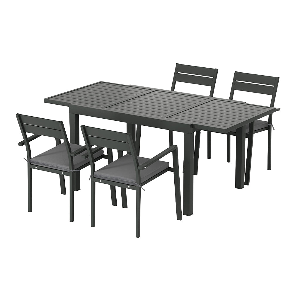 5 Piece Outdoor Dining Set Aluminum Extendable Table Setting - Black