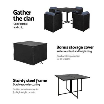 5 Piece Wicker Outdoor Dining Set - Black