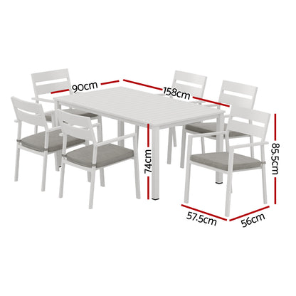 7 Piece Outdoor Dining Set Aluminum Table Setting - White
