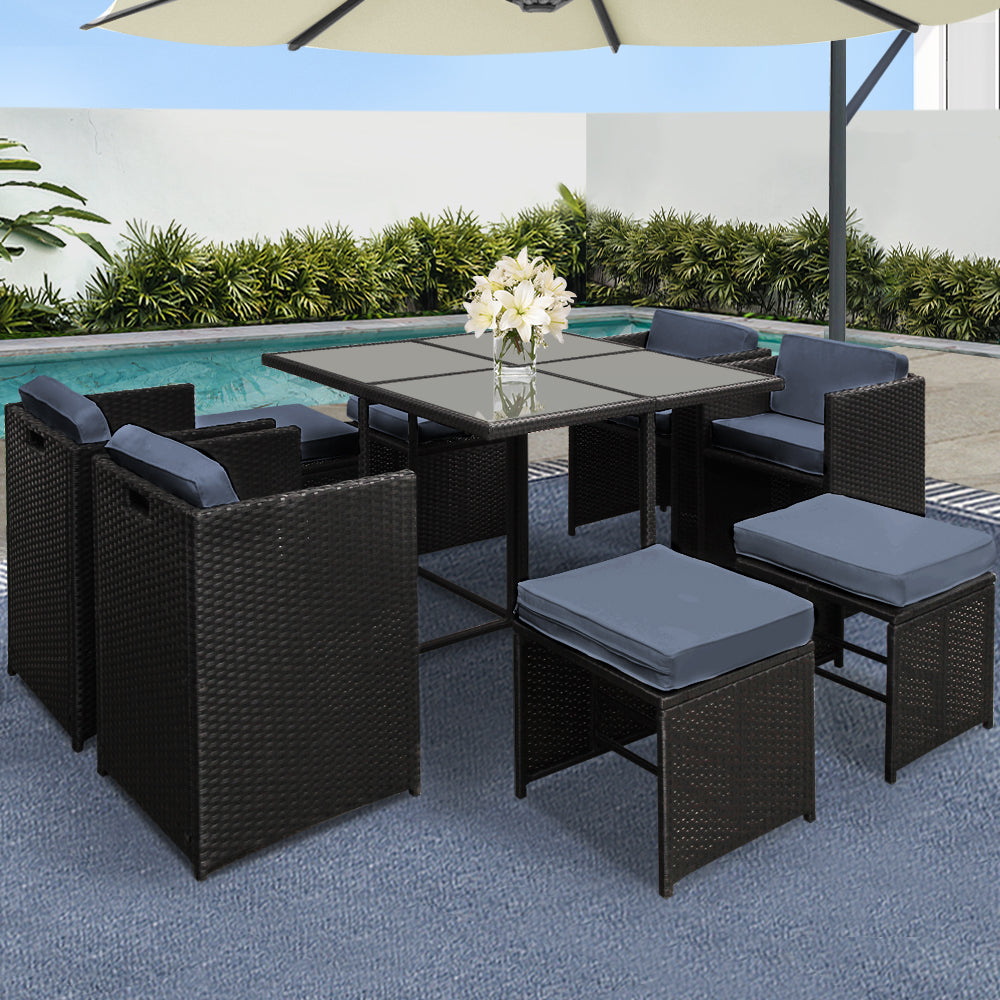 9 Piece Wicker Outdoor Dining Set - Black