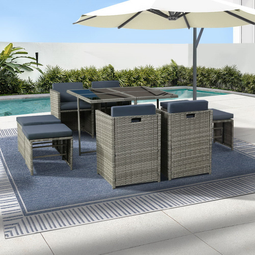 9 Piece Wicker Outdoor Dining Set - Grey