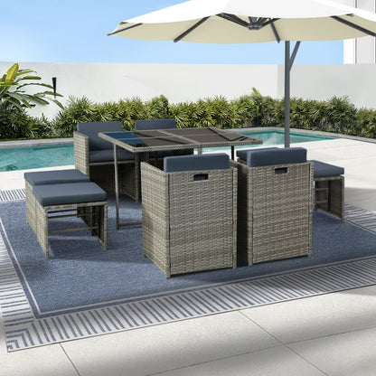 9 Piece Wicker Outdoor Dining Set - Grey