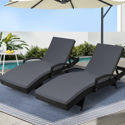 2PC Sun Lounge Wicker Lounger Outdoor Furniture Beach Chair Patio Adjustable Cushion Black