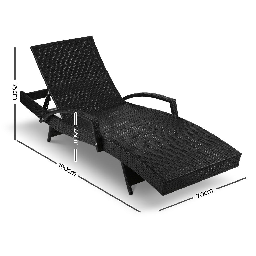 2PC Sun Lounge Wicker Lounger Outdoor Furniture Beach Chair Patio Adjustable Cushion Black