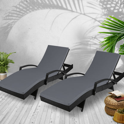 2PC Sun Lounge Wicker Lounger Outdoor Furniture Beach Chair Patio Adjustable Cushion Black