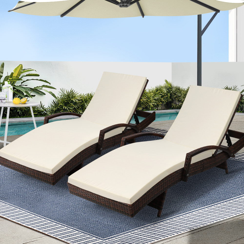 2PC Sun Lounge Wicker Lounger - Brown