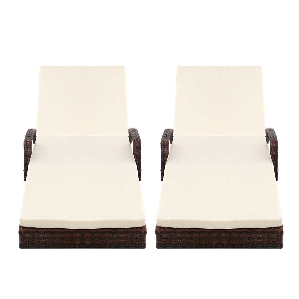 2PC Sun Lounge Wicker Lounger - Brown