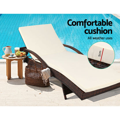 2PC Sun Lounge Wicker Lounger - Brown