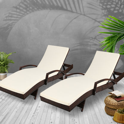 2PC Sun Lounge Wicker Lounger - Brown