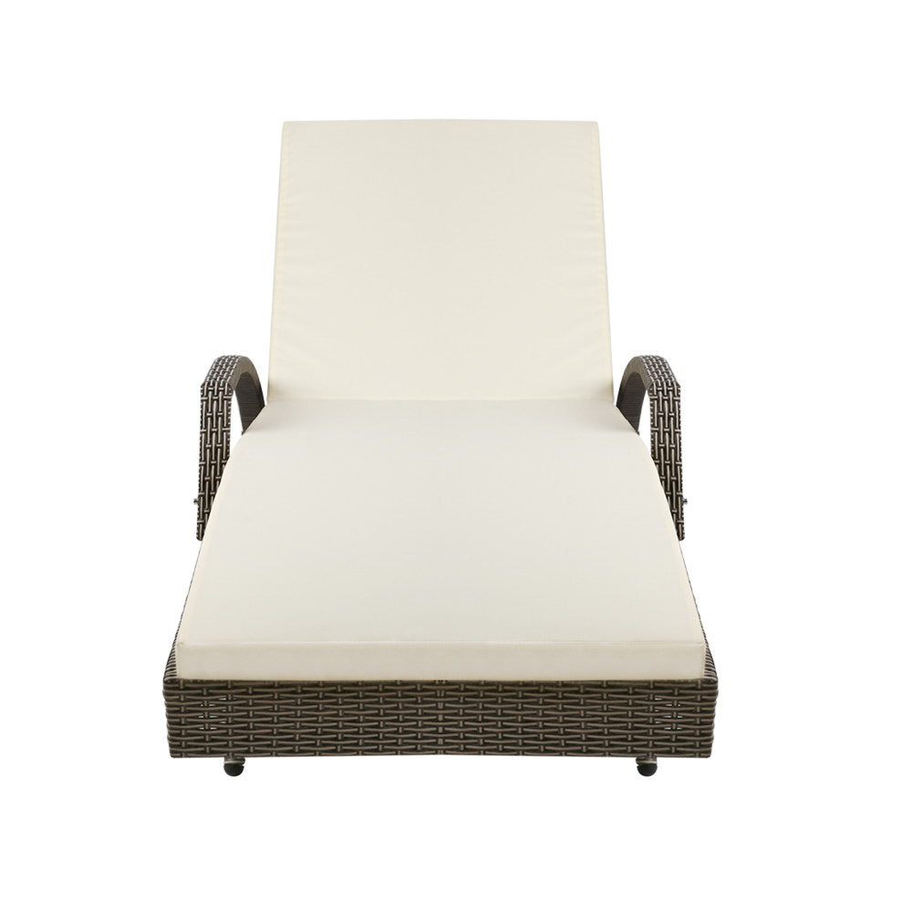 Sun Lounge Wicker Lounger – Outdoor Adjustable Beach Chair with Cushion (Grey & Beige)