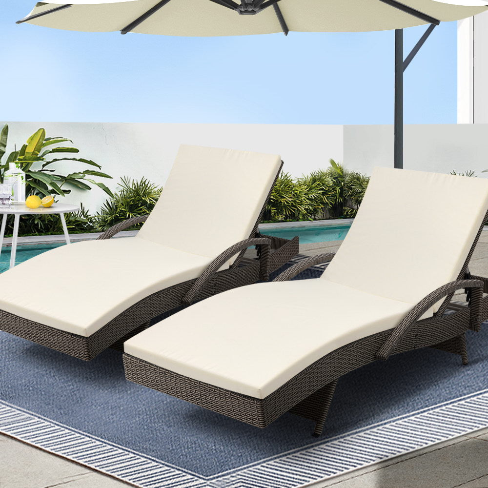 2-Piece Sun Lounge Wicker Lounger Set – Outdoor Adjustable Beach Chairs with Cushions (Grey & Beige)