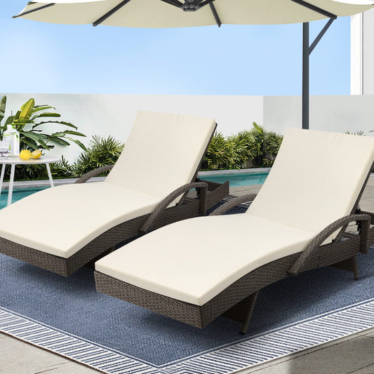 2-Piece Sun Lounge Wicker Lounger Set – Outdoor Adjustable Beach Chairs with Cushions (Grey & Beige)
