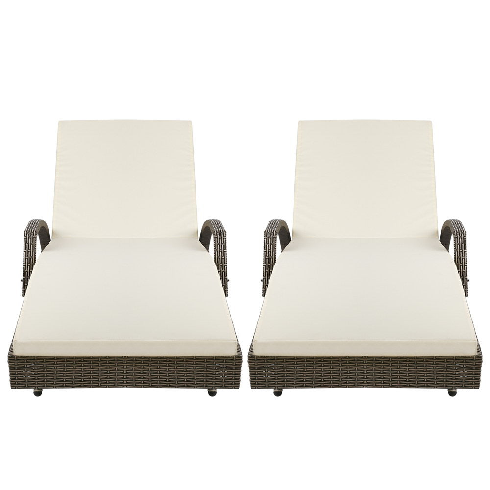 2-Piece Sun Lounge Wicker Lounger Set – Outdoor Adjustable Beach Chairs with Cushions (Grey & Beige)
