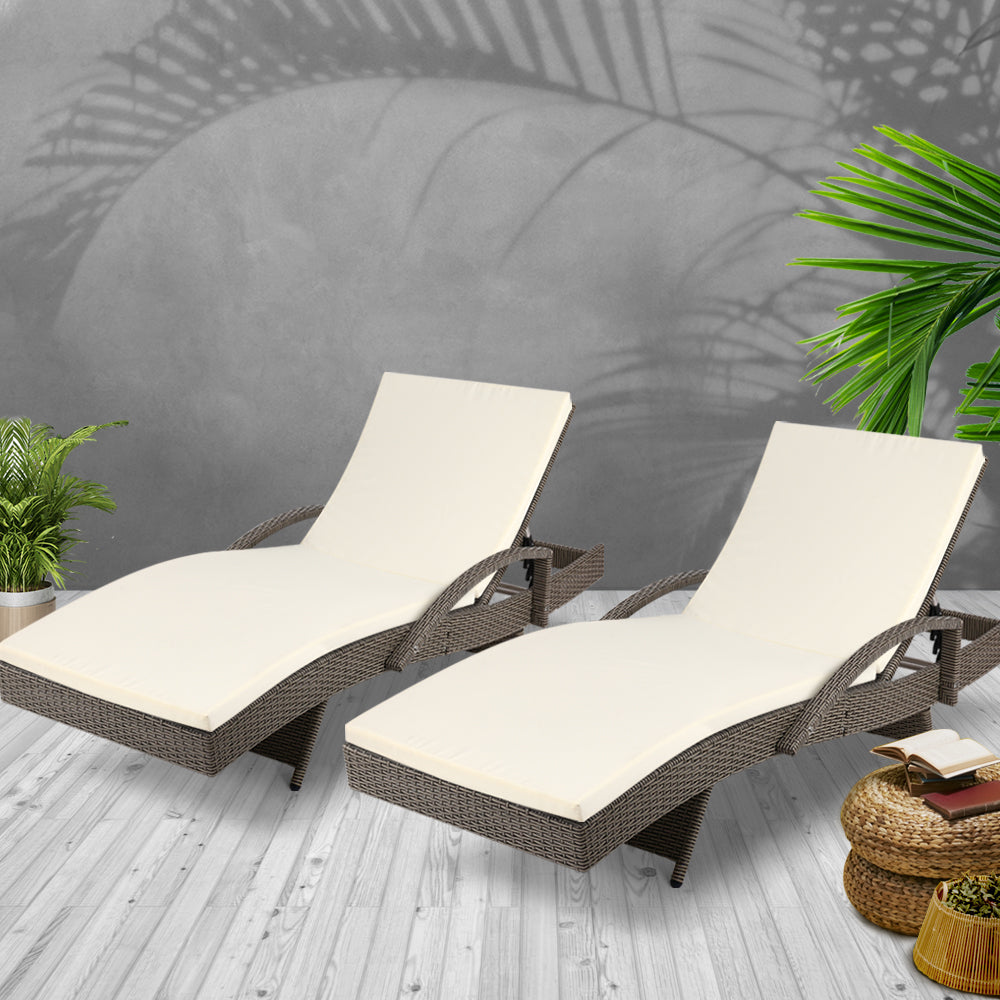 2-Piece Sun Lounge Wicker Lounger Set – Outdoor Adjustable Beach Chairs with Cushions (Grey & Beige)