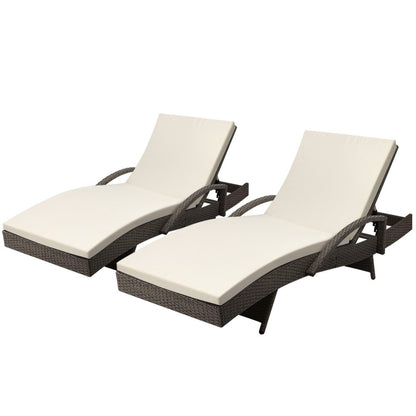 2-Piece Sun Lounge Wicker Lounger Set – Outdoor Adjustable Beach Chairs with Cushions (Grey & Beige)