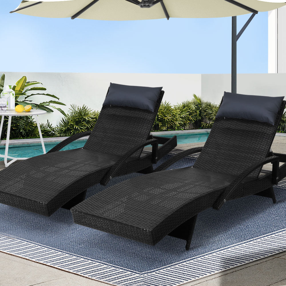Set of 2 Sun Lounge Wicker Lounger - Black