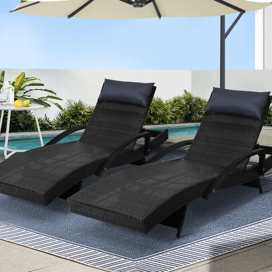 Set of 2 Sun Lounge Wicker Lounger - Black