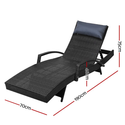 Set of 2 Sun Lounge Wicker Lounger - Black