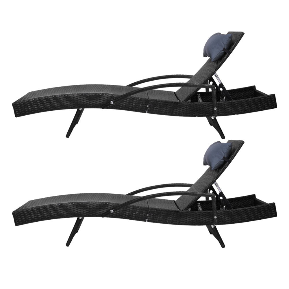 Set of 2 Sun Lounge Wicker Lounger - Black