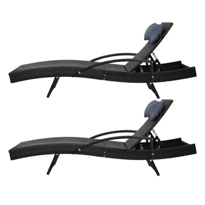 Set of 2 Sun Lounge Wicker Lounger - Black