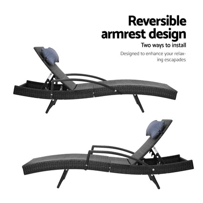 Set of 2 Sun Lounge Wicker Lounger - Black