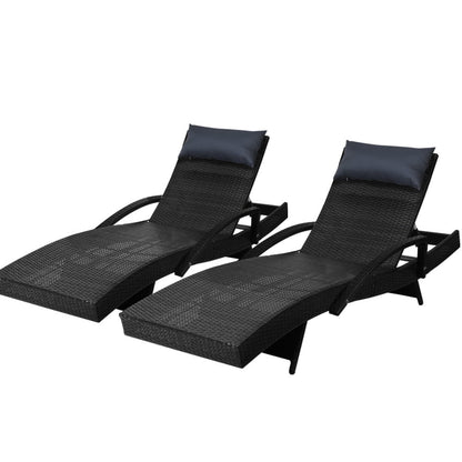 Set of 2 Sun Lounge Wicker Lounger - Black