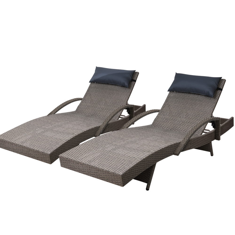 Set of 2 Sun Lounge Wicker Lounger - Grey & Beige