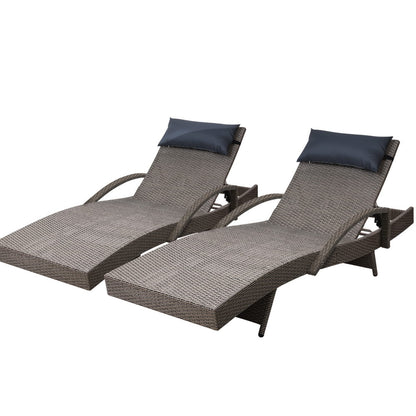 Set of 2 Sun Lounge Wicker Lounger - Grey & Beige
