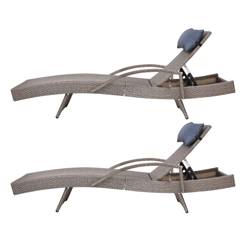 Set of 2 Sun Lounge Wicker Lounger - Grey & Beige