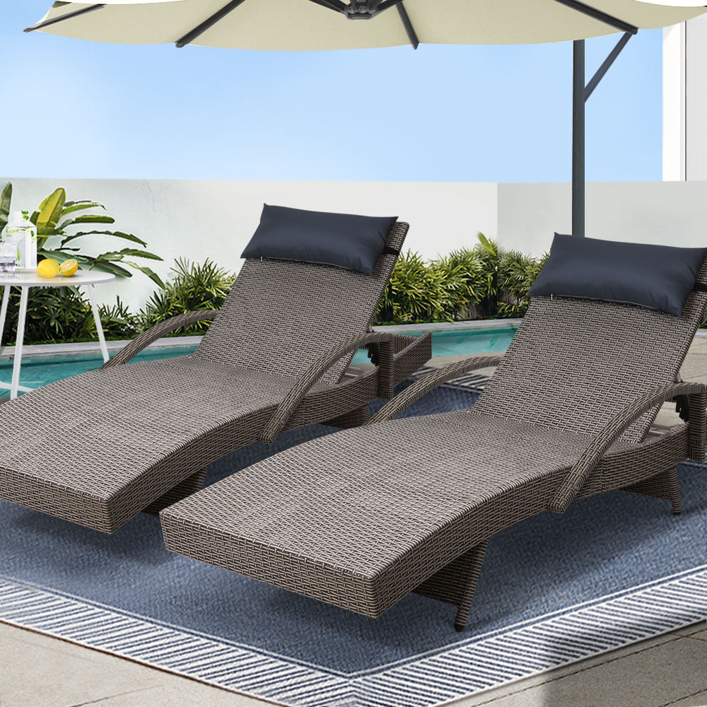 Set of 2 Sun Lounge Wicker Lounger - Grey & Beige