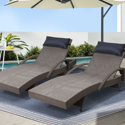 Set of 2 Sun Lounge Wicker Lounger - Grey & Beige