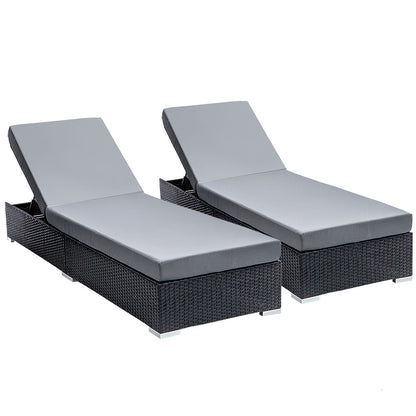 2PC Sun Lounge Wicker Lounger - Black