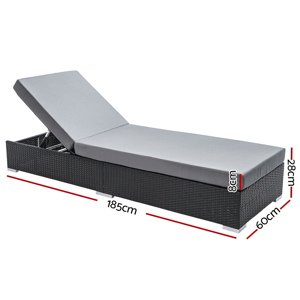 2PC Sun Lounge Wicker Lounger - Black