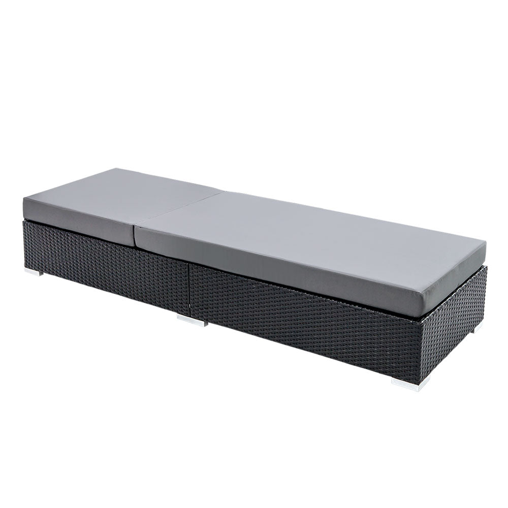 2PC Sun Lounge Wicker Lounger - Black