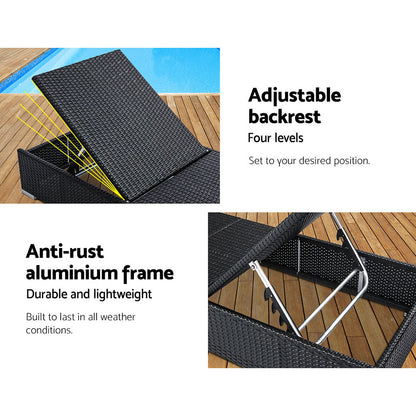 2PC Sun Lounge Wicker Lounger - Black