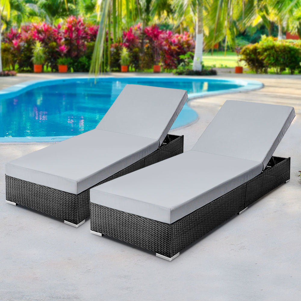 2PC Sun Lounge Wicker Lounger - Black