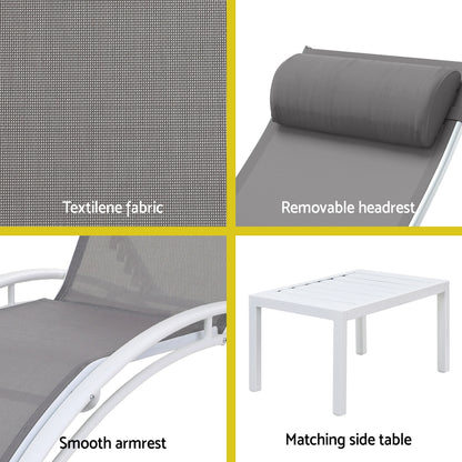 3PC Sun Lounge Outdoor Lounger Table Chairs Steel Patio Furniture Garden