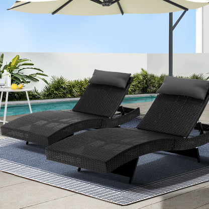 2PC Sun Lounge Wicker Lounger Outdoor Furniture Beach Chair Garden Adjustable Black