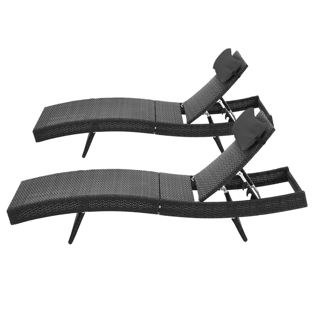 2PC Sun Lounge Wicker Lounger Outdoor Furniture Beach Chair Garden Adjustable Black