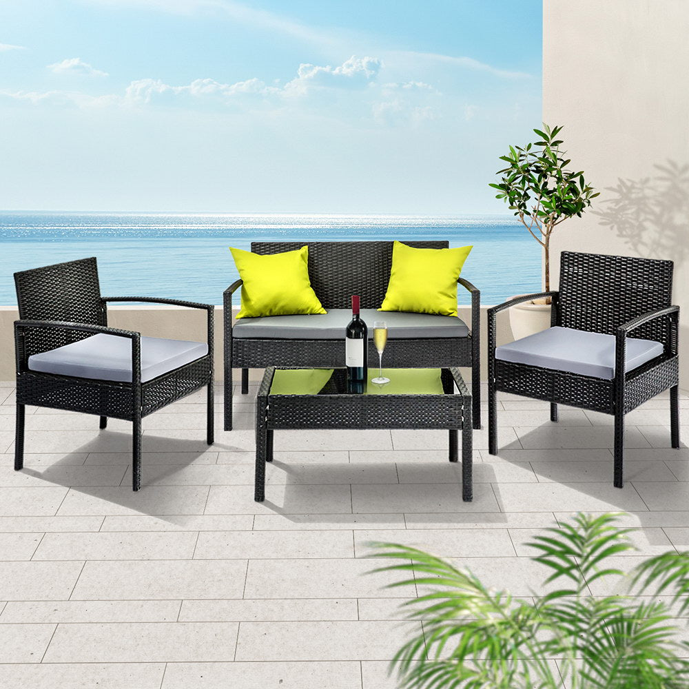 Outdoor Sofa Set Wicker Lounge Setting - Black