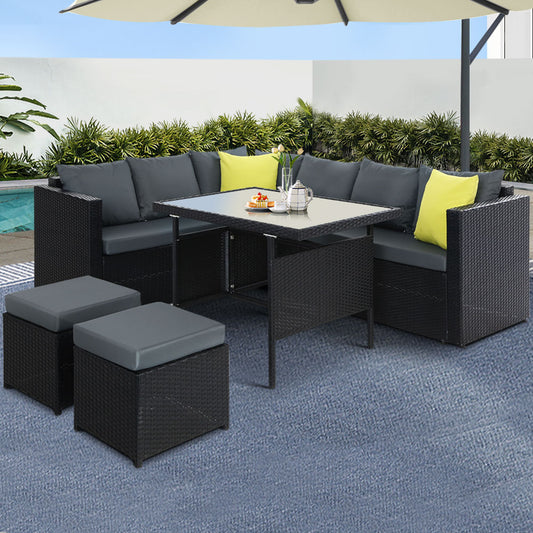 Outdoor Dining Set Aluminum Table Chairs Wicker Setting Black